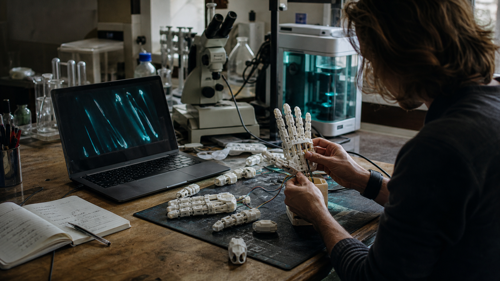 A person assembling an unfinished robotic hand at a research workbench