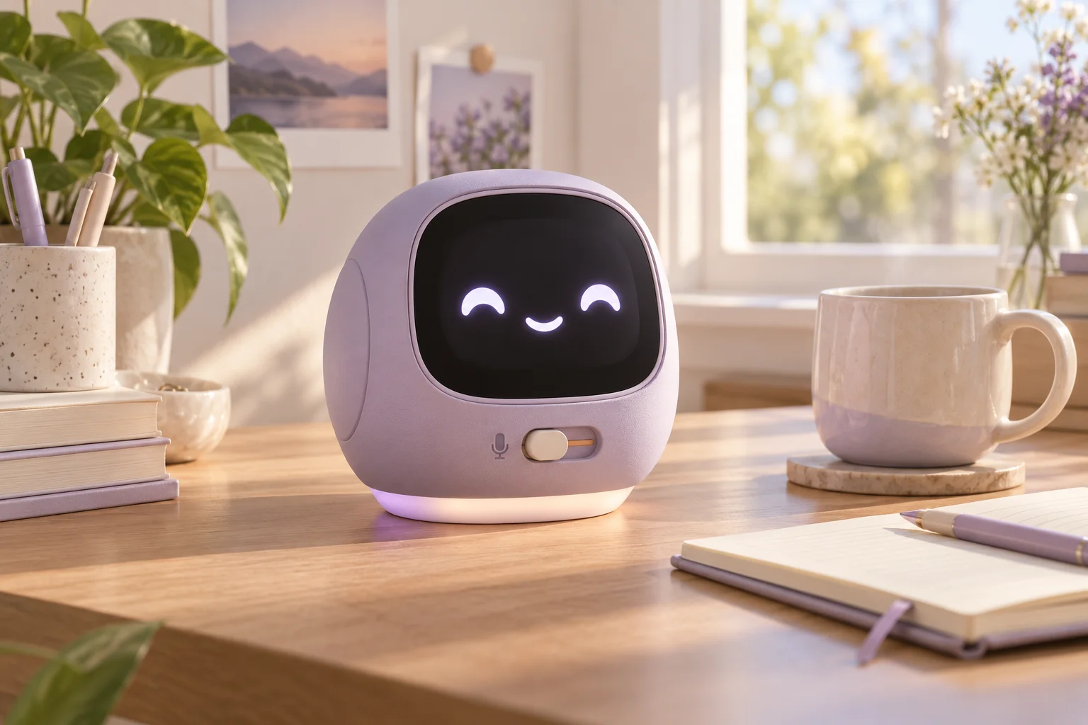 Lilac desktop companion on an oak desk with a friendly display