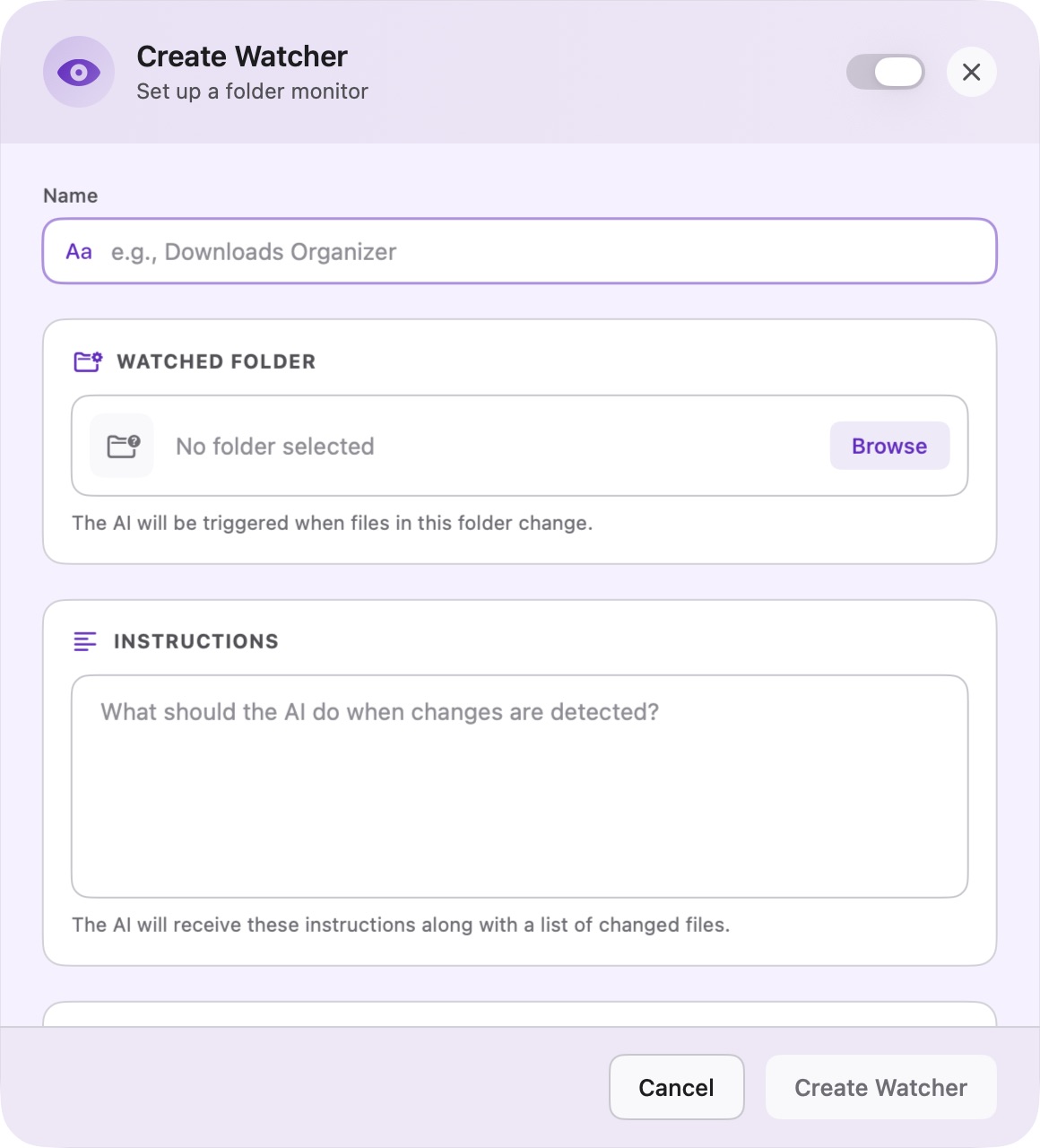 Mellow create watcher screen