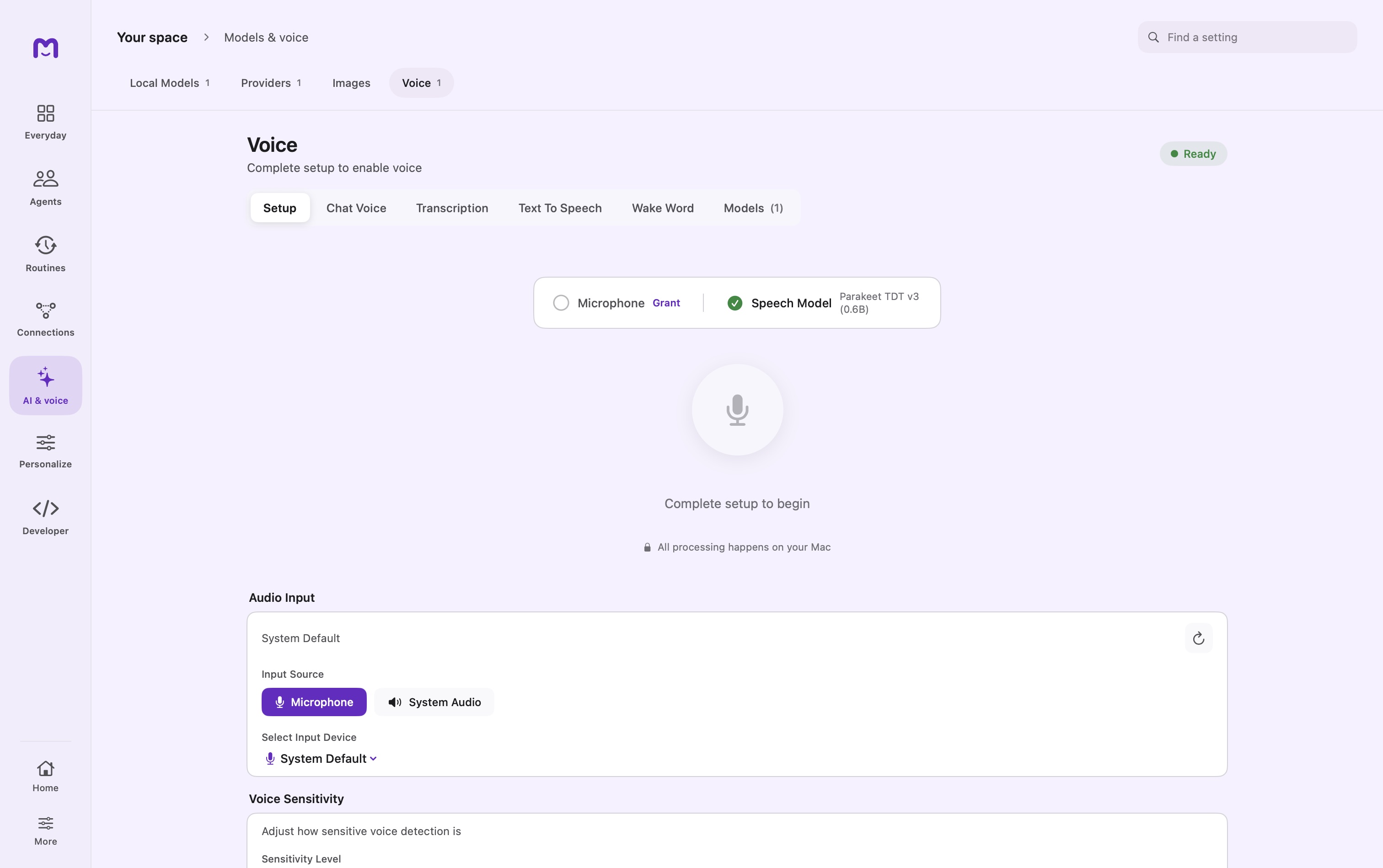 Mellow voice setup screen